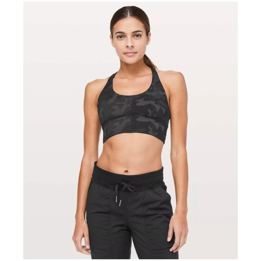 Lululemon Womens Grey/Black Camo Print FREE to BE MOVED Sports Bra, Size 6